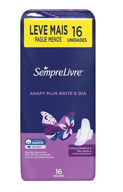 Absorvente Sempre Livre Adapt Plus Noite e Dia Suave Com Abas 16 Unidades 